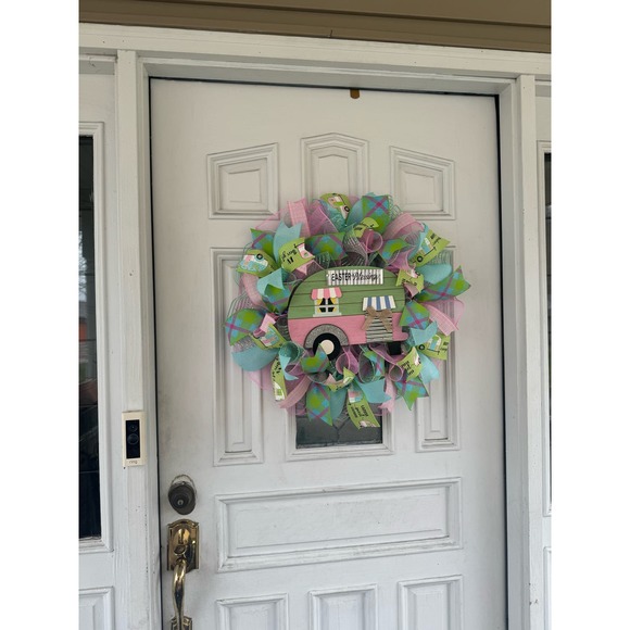 Pink Mint Green Camper Mesh Ribbon Easter & Spring Wreath Front Door Hanger xxx - Picture 10 of 10
